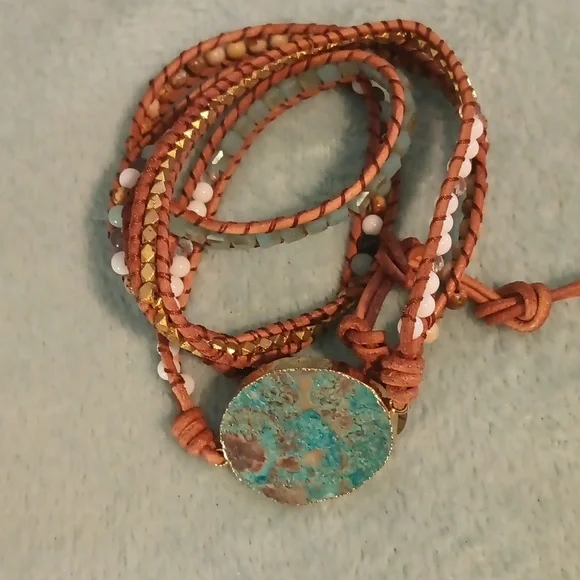 Boho ocean jasper leather wrap bracelet - Picture 1 of 2